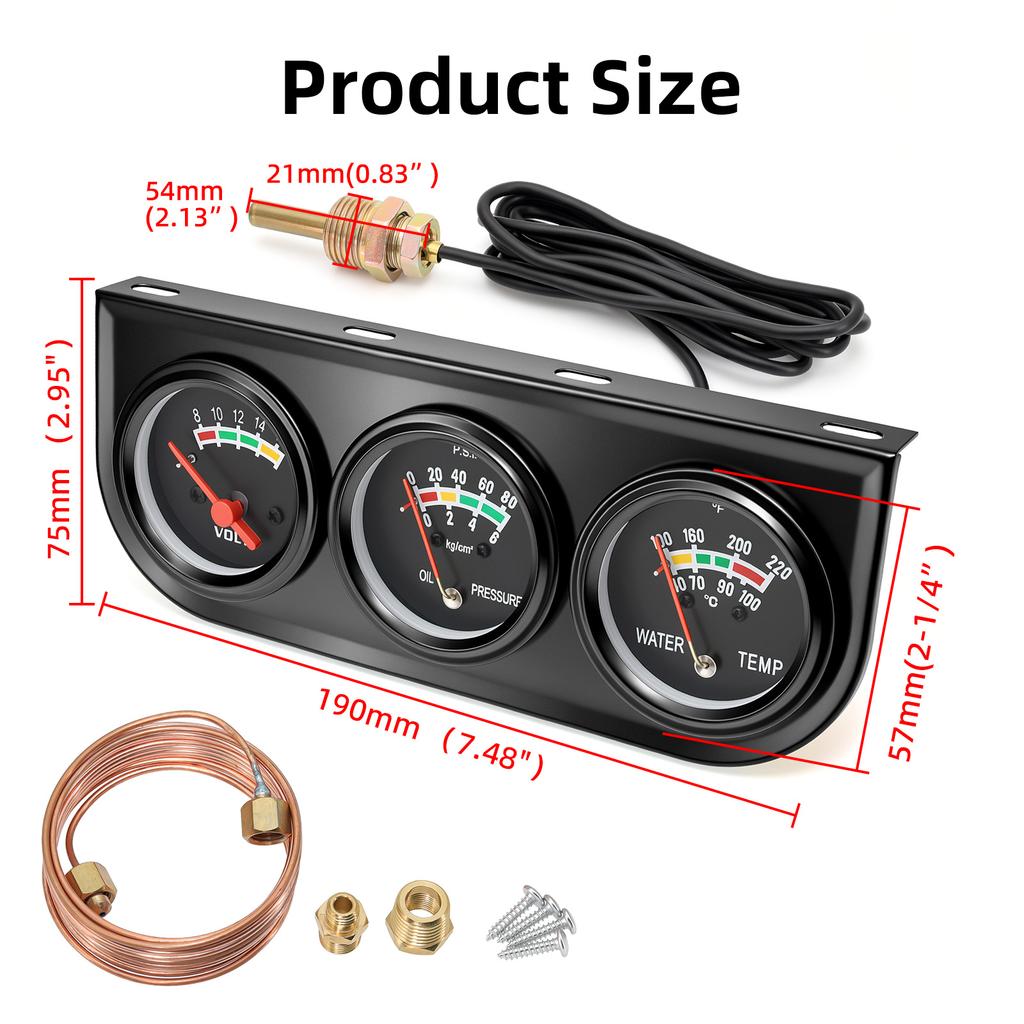12V Car Auto 3 IN 1 Triple Meter Kits 52MM Oil Pressure Gauge+AMP,Ammeter/Voltage+Water Temperature Meter with Sensor 1/2NPT