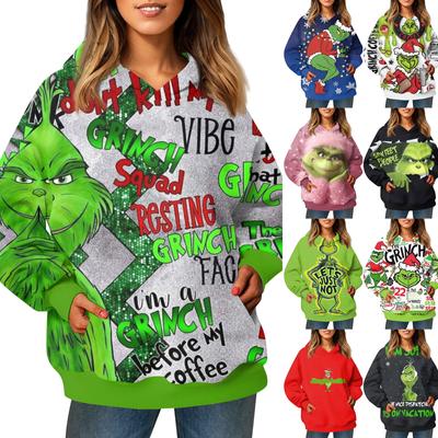 Женский модный свитер с длинными рукавами и рождественским принтом, с капюшоном и карманом