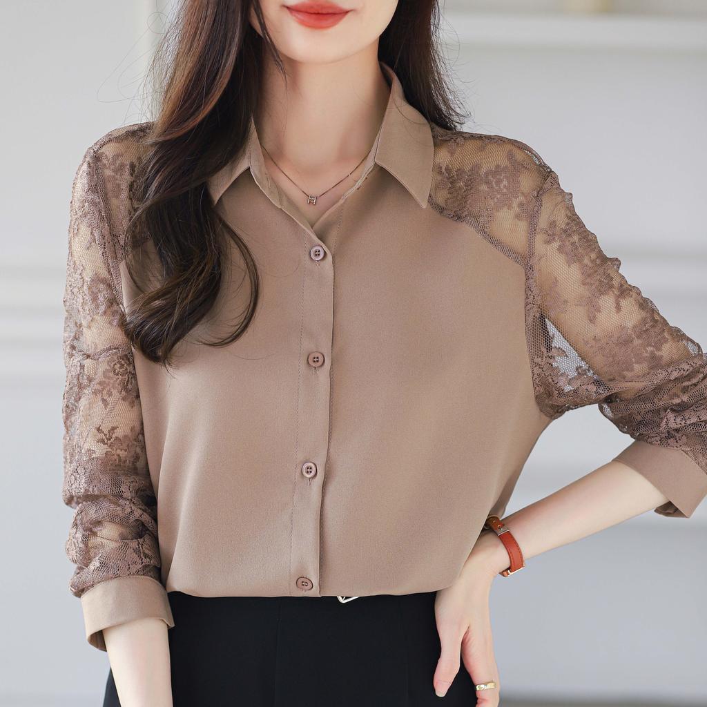 16 цветная кружевная шифоновая рубашка в стиле пэчворк, женская блузка, модный алый топ с длинными рукавами, тонкая рубашка для работы и вечеринки, однотонная