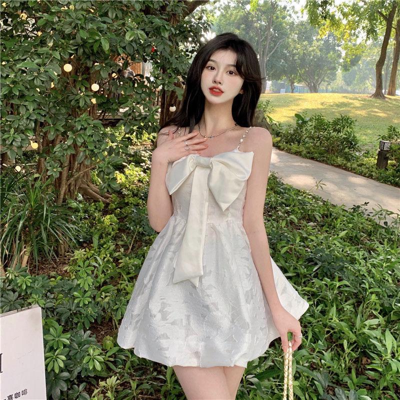 Sweet Kawaii белое платье-комбинация женское корейское модное Kpop дизайнерское вечернее мини-короткое платье на бретельках с бантом наряды