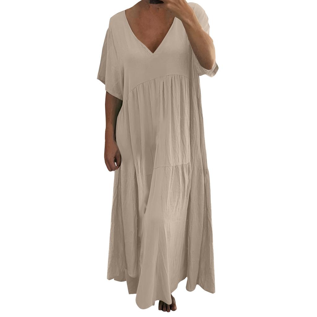 Women's Fashion V-Neck Color Loose Long Big Swing Short Sleeve Dresses