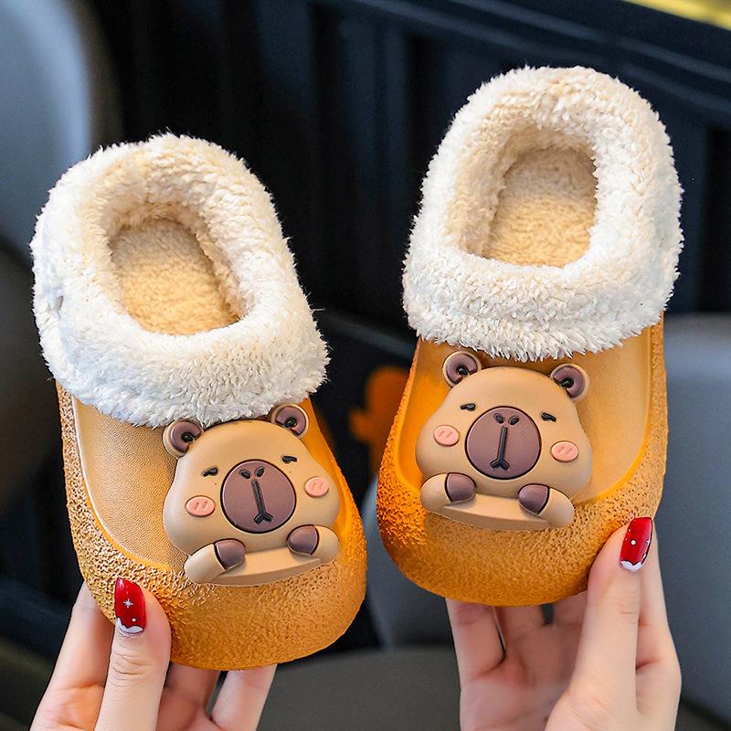Winter cotton slippers with heel for babies, boys' cotton slippers, thickened and fleece-lined, detachable, waterproof, children's furry slippers