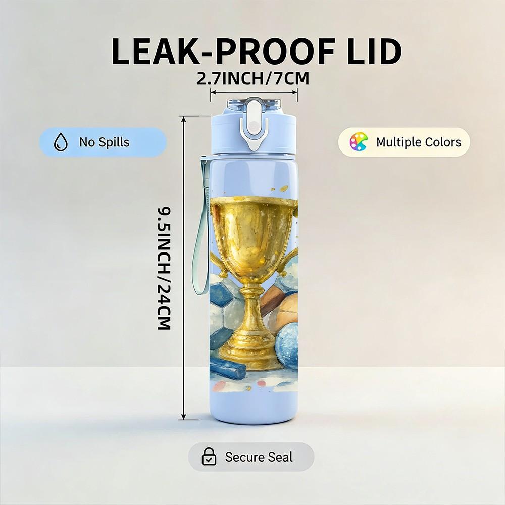1PC Champion Trophy Soccer Print 750ml Color Plastic Sports Water Bottle Leakproof Flip Straw Lid Suitable for Sports Office Home Use