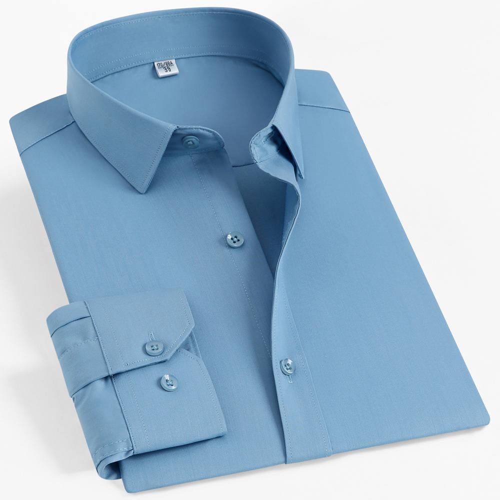 Men's 4-Way Stretch Long Sleeve Wrinkle-Free Dress Shirt without Pocket, Formal Business Solid Color Button-up Menswear Clothing