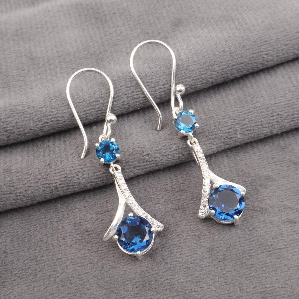 London Blue Topaz Gemstone 925 Stamped Silver Jewelry Zircon Hook Earrings 1.84" CZE-9-10