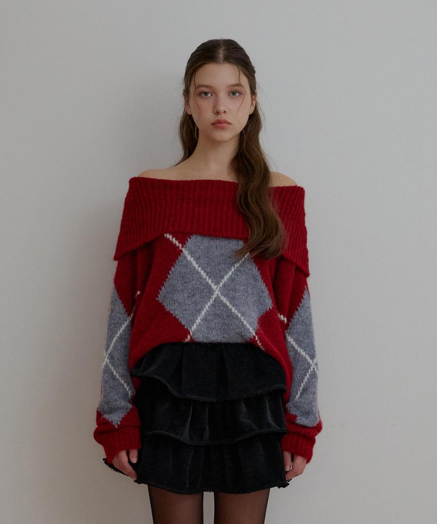 ODER Argyle Off-Shoulder Wool Pullover - Red