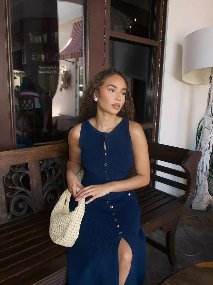 Knitted Sleeveless Long Dresses Women O Neck Single Breasted Fake Pockets Decoration Split Party Dress Autumn Beach Robe