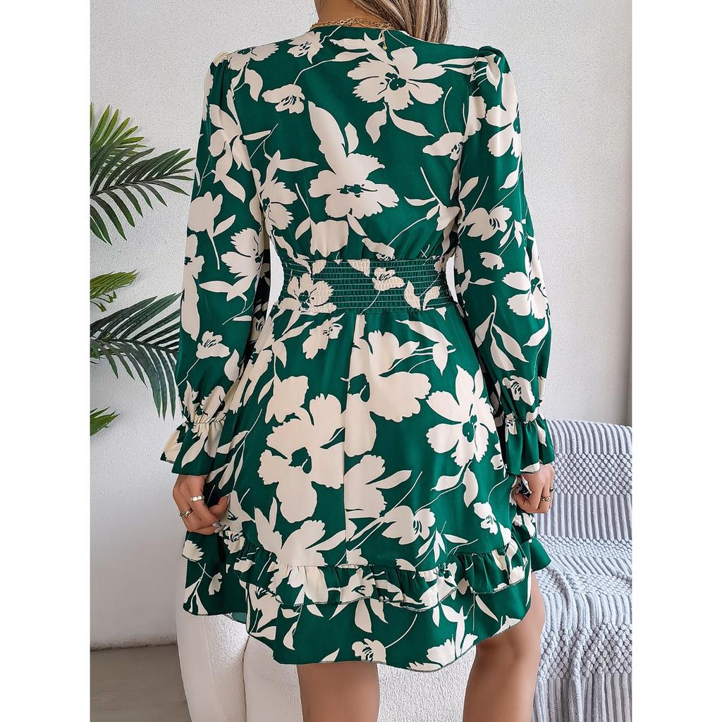 QICED Autumn and Winter Casual Flower Long-sleeved Black Ear-trimmed A-line Dress Women's Clothing