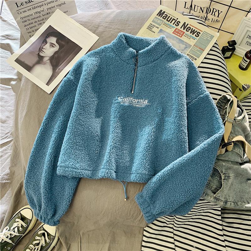 Короткий свитер с воротником-полувысоким и утолщенным бархатом из овечьей шерсти, женская корейская студенческая теплая куртка на осень и зиму