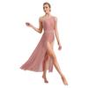 Womens Lyrical Dance Dress Glittery Rhinestones Asymmetrical Shoulder Sleeveless Split Sheer Mesh Performance Gown