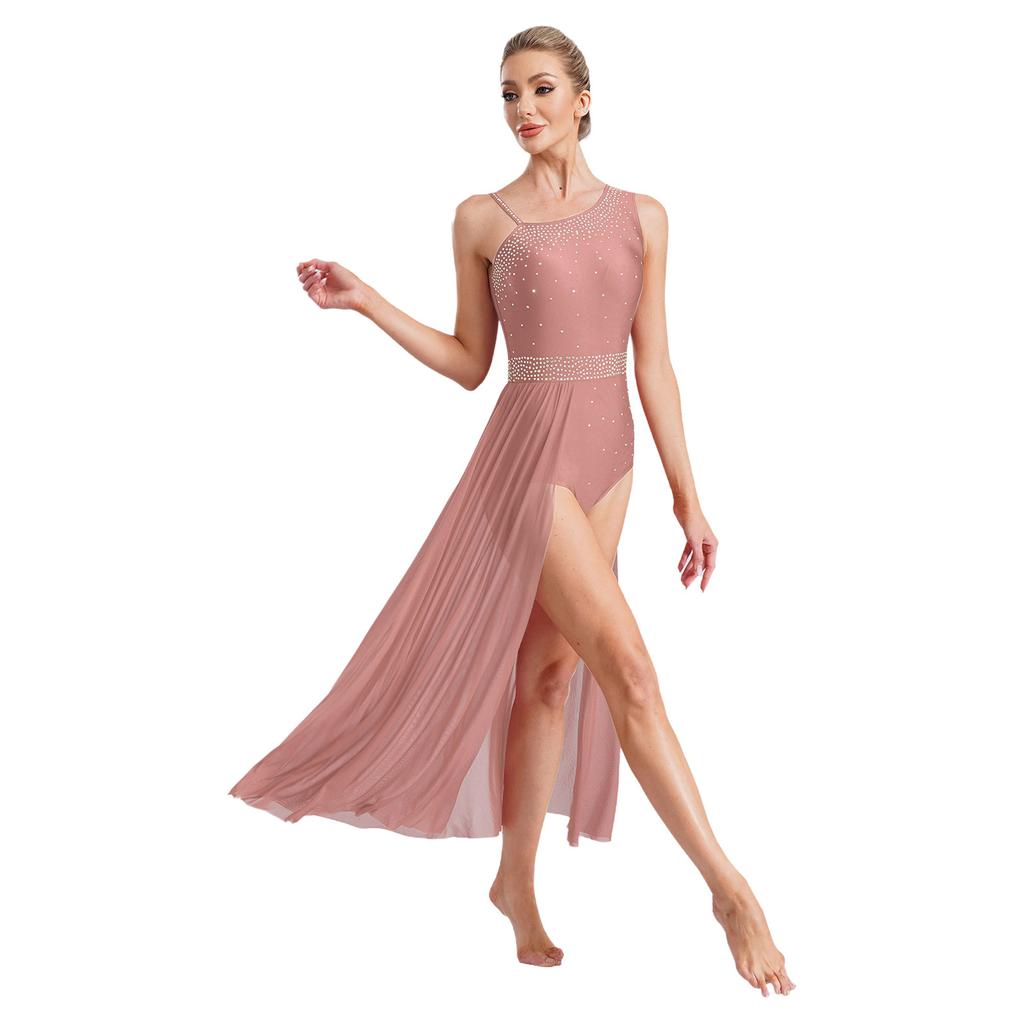 Womens Lyrical Dance Dress Glittery Rhinestones Asymmetrical Shoulder Sleeveless Split Sheer Mesh Performance Gown
