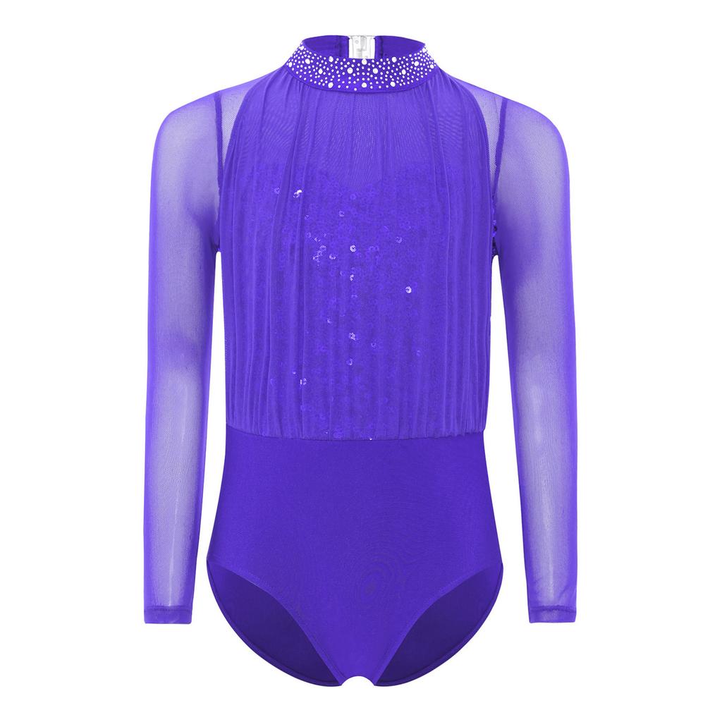 Girls Dance Leotard Long Sleeve Keyhole Back Design Sequins Rhinestones Sheer Mesh Figure Skating Outfit