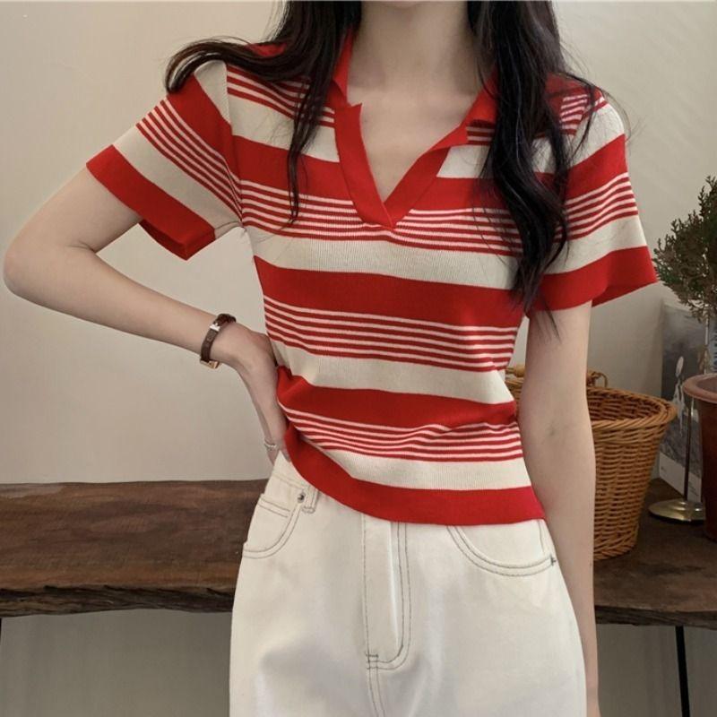Дизайнерский смысл, нишевый летний свитер с воротником-поло, полосатой футболкой с короткими рукавами, короткий трикотажный топ из ледяного шелка для женщин