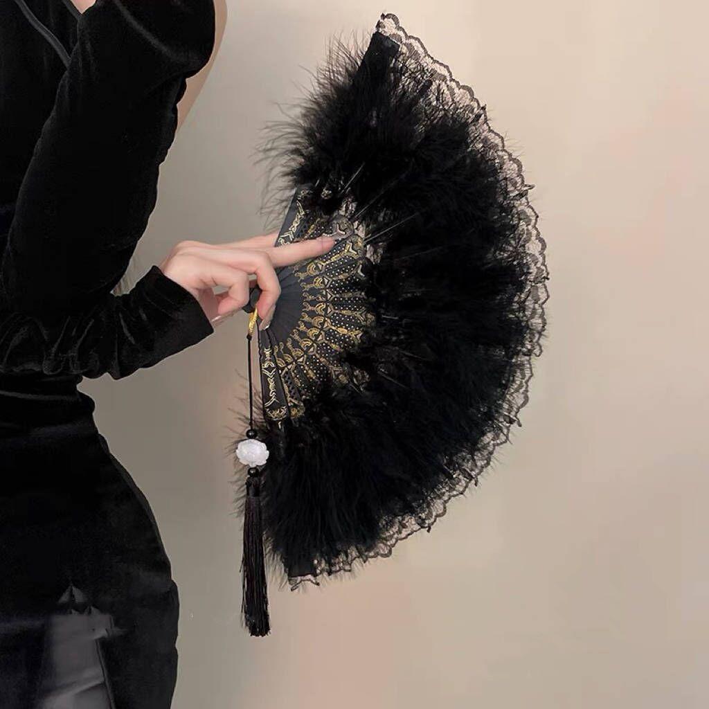 Elegant Folding Fan Full Velvet Black White Feather Fan with Pendant Bride Hand Fan Fairy Girl Dance Wedding Party Decoration