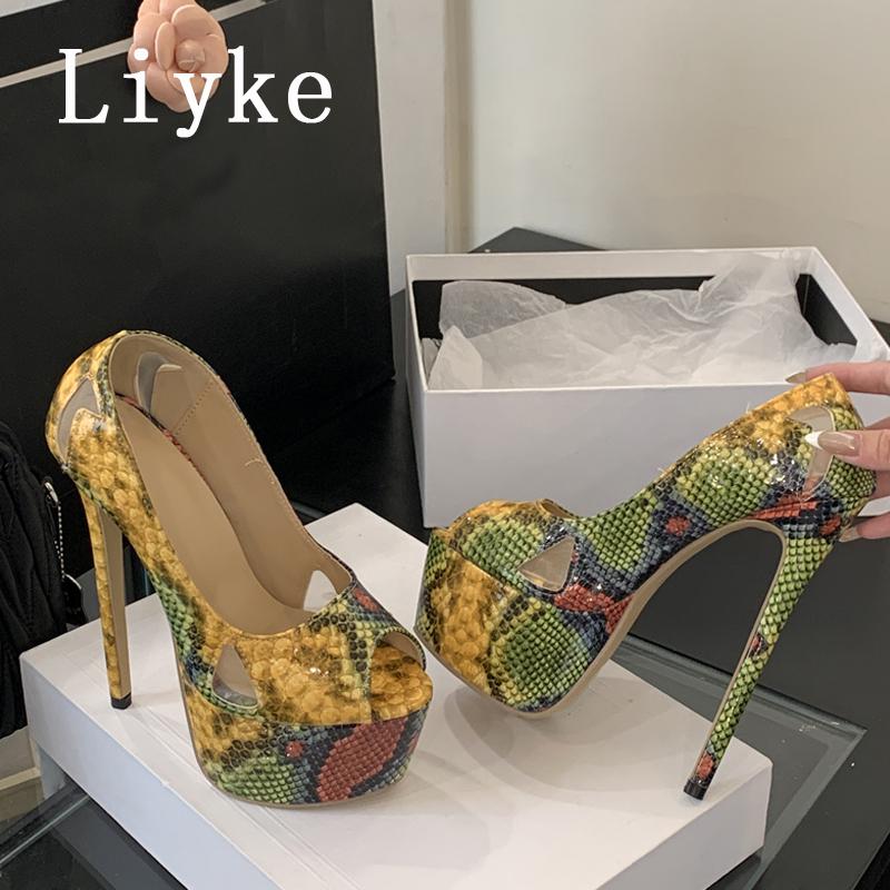 Fashion Liyke 2025 New Sexy Mixed Color Snake Print Platform Pumps Women Shoes Hollow Out Leather Summer Super High Heels Stiletto Mujer