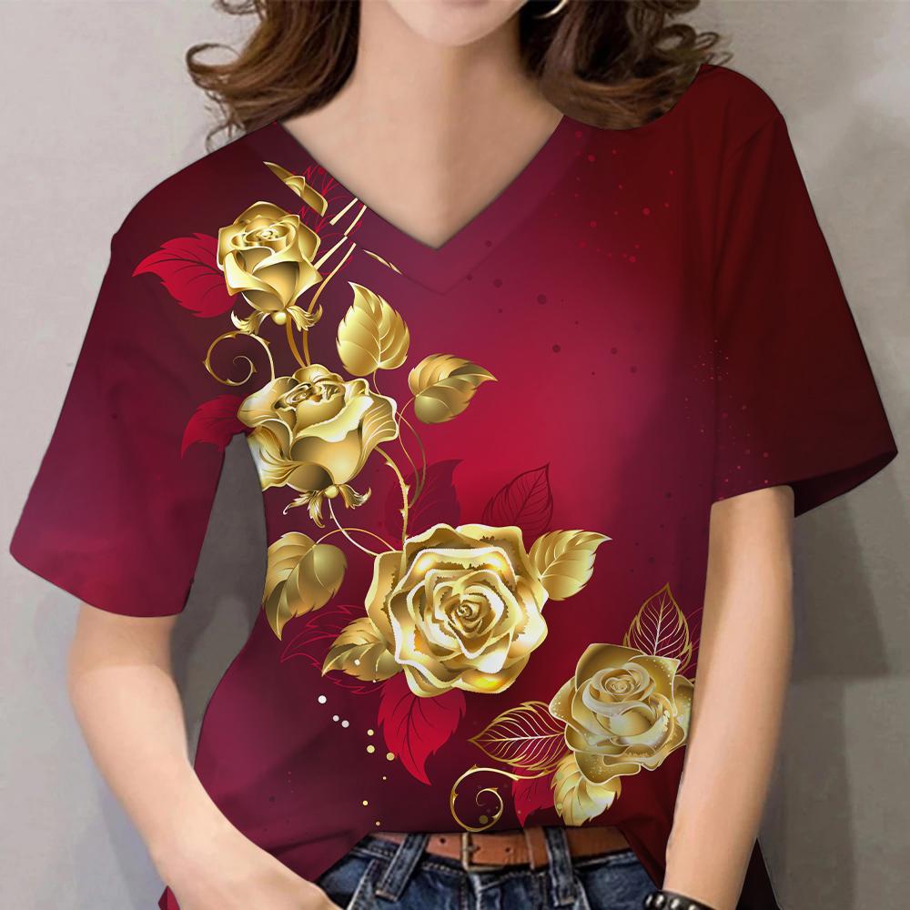 Женские топы с 3D цветочным принтом и коротким рукавом с V-образным вырезом, летние футболки для влюбленных пар