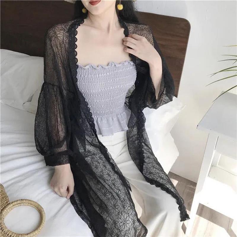 Женская шифоновая накидка большого размера, летний кардиган с длинными рукавами, модная ретро-полая солнцезащитная рубашка, тонкая куртка средней длины, кружевные топы