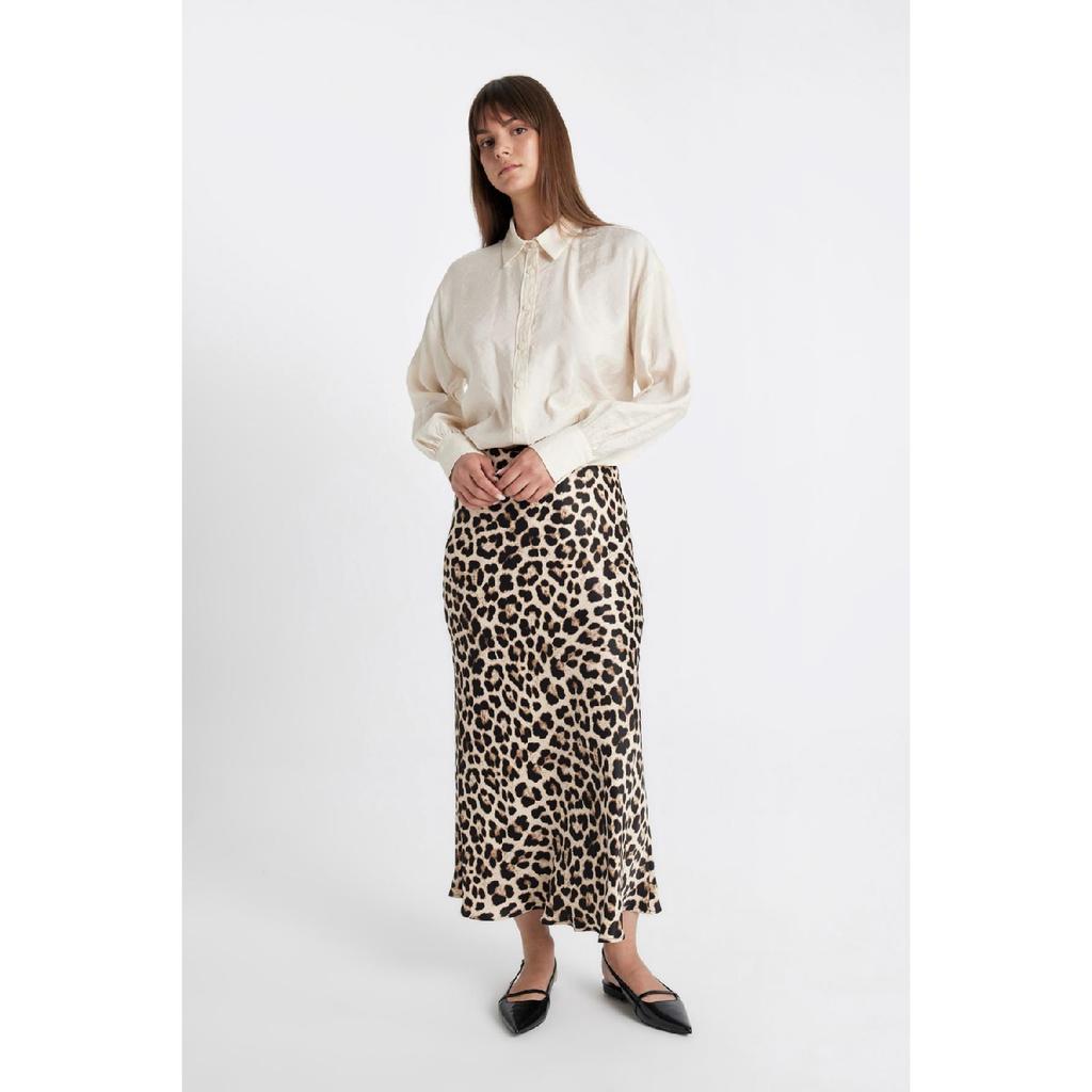 A-line High Waist Leopard Patterned Long/maxi Length 100% Satin Skirt D3905axns