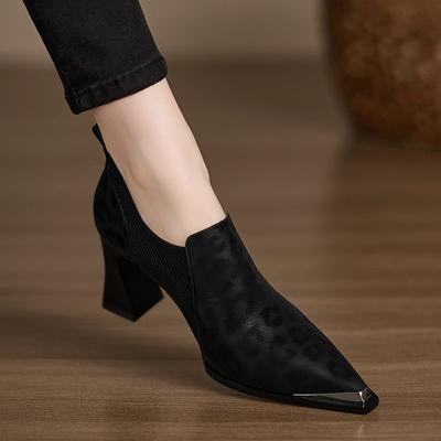 Ретро вязаные вставки леопардовый принт туфли-лодочки женские металлический носок толстый каблук темперамент высокие каблуки водонепроницаемая платформа маленькие кожаные туфли