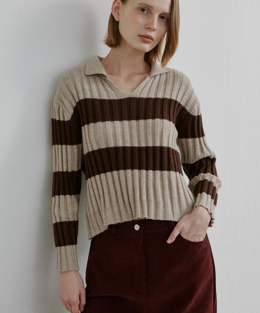 WIOE Basic Collar Stripe Knit_Brown