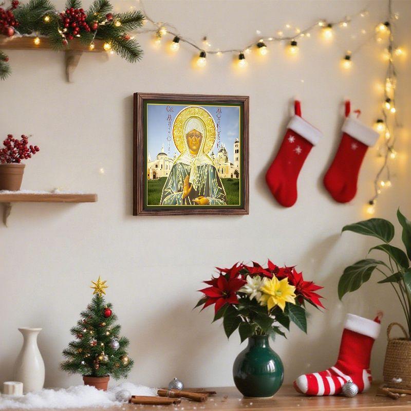 Декоративная роспись православных икон, Освященная икона «Св.. Матрона Московская", Картина в рамке, Христианское настенное искусство, 20см*20см, Духовный декор в подарок