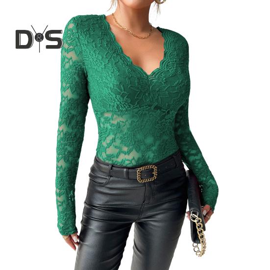 Женские топы, однотонная рубашка с V-образным вырезом и длинным рукавом, прозрачная вышитая кружевная повседневная рубашка с цветочным узором