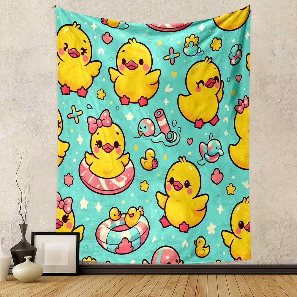 Cute Yellow Ducks on Blue Pattern Background Patterned Tapestry Decorative Wall Hanging, Home Bedroom Living Room Decor