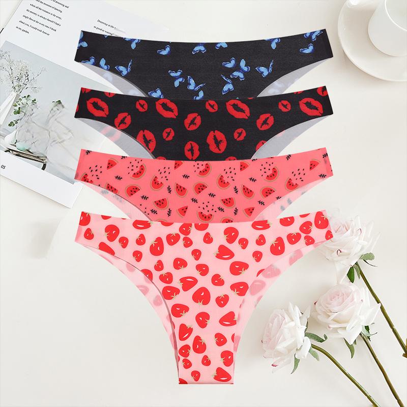 4Pcs/Set Seamless Colorful Brazilian Pants Lady Sexy Underwear Ice Silk Underpants Low Waist G-string Soft Thin Briefs