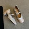 Lan Cabinet Edition~ Versatile One-word Button Light Heel Mary Jane Shoes Women's Retro Block Square Head Soft Leather Small Single Shoes
