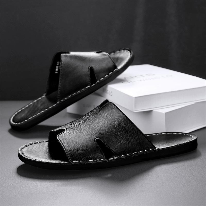 Men Slippers Handmade Simple Flats Sandals Outdoor Summer Brown Black Slide Slippers Open Toe Beach Shoes Plus Size