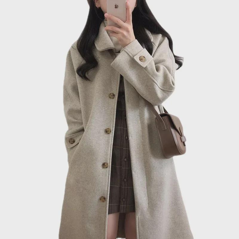 2024 Autumn/Winter Women's Knee-Length Thickened Wool Coat, Loose Slim Fit, Korean Style, Plus Size Available