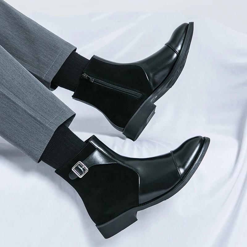 New Fashion Genuine Leather Chelsea Boots Handmade Man Pointed Dress Boots Slip On Mens Casual Shoes Side Zipper Men Ankle Boots