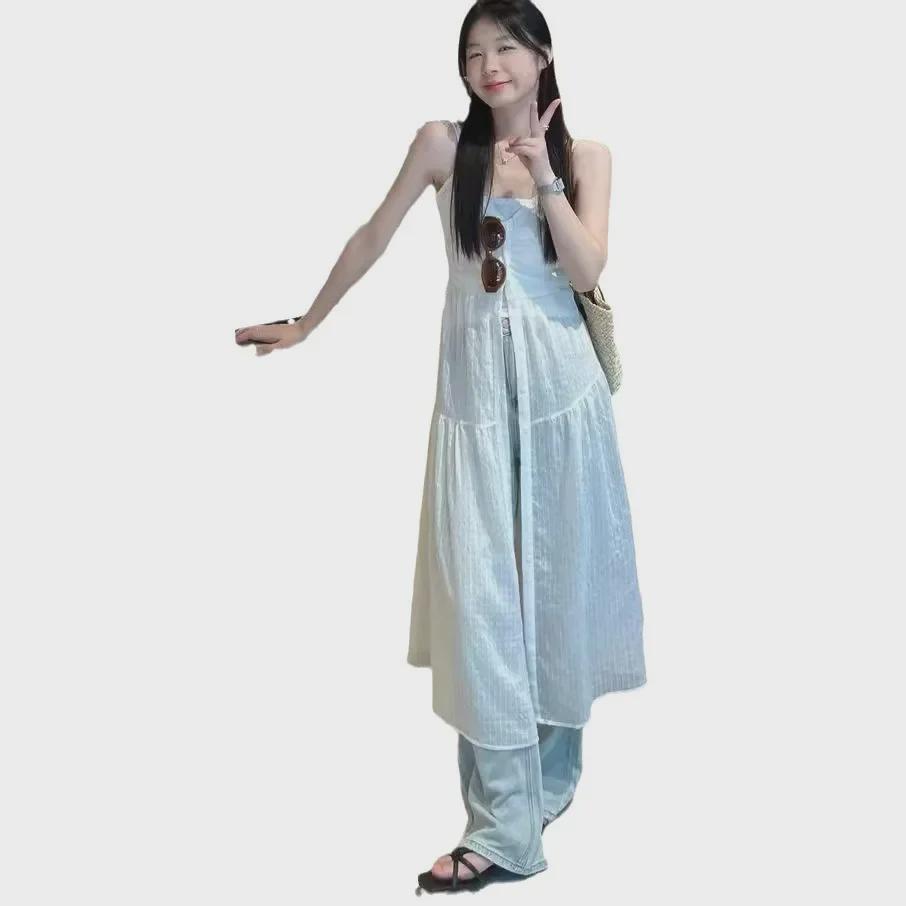 Белое сетчатое платье без рукавов на подтяжках - французский стиль, многослойное, свободный крой, облегающее, длинная юбка, новая летняя коллекция