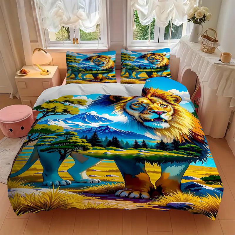 3pcs Lion Safari Duvet Cover Set -Includes 1 Duvet Cover and 2 Pillowcases, No Quilt Core, All-Season Home Decor yy251111117