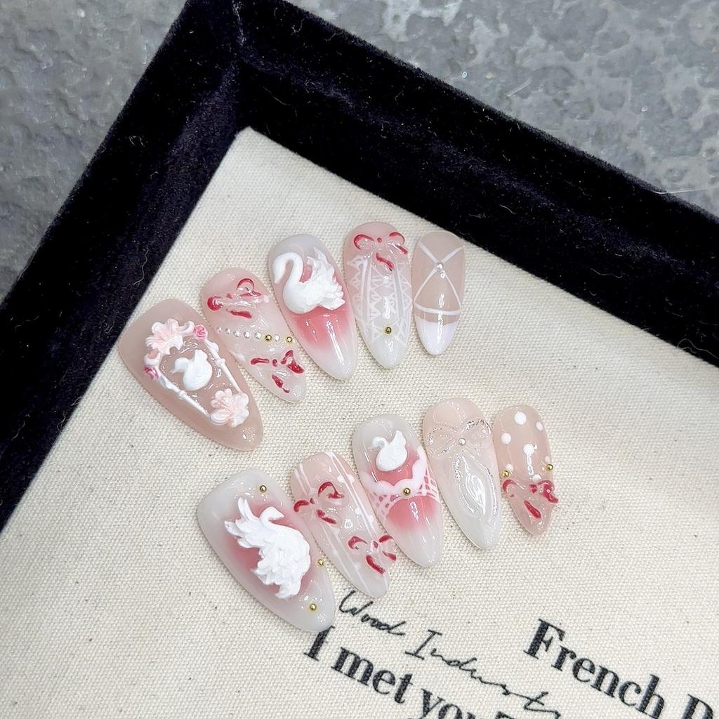 10Pcs White French Almond Handmade Press On Nails With 3D Flower Cute Fake Nails Artificial Nail Tips