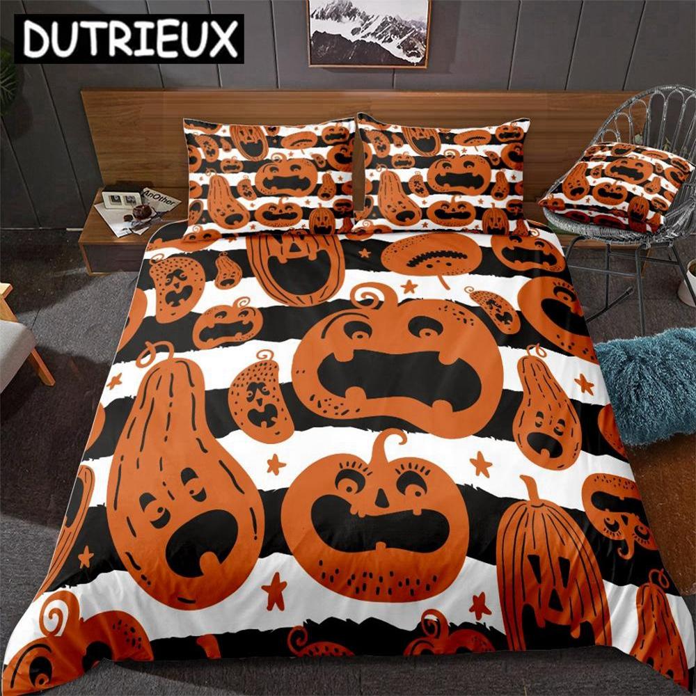 Halloween Pumpki Duvet Cover Set Black And White Background Halloween Beds Set Home Textiles Microfiber For Boys Kids