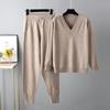 Autumn Winter V Neck Solid Color Long Sleeve Sweater Haren Pants Sets For Ladies Casual All Match Pullover Suit