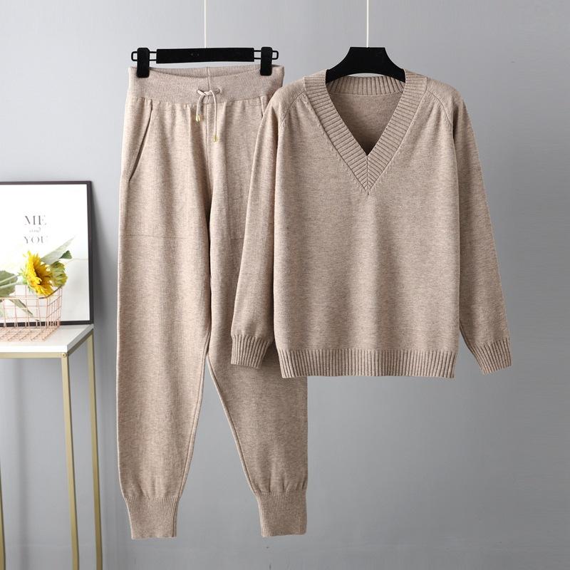Autumn Winter V Neck Solid Color Long Sleeve Sweater Haren Pants Sets For Ladies Casual All Match Pullover Suit