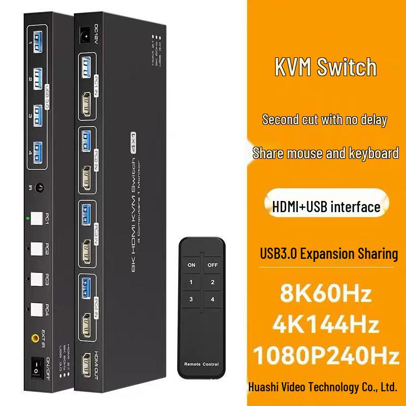 8K HDMI/DP KVM-переключатель 4x1 - Управление мышью и клавиатурой для четырех компьютеров