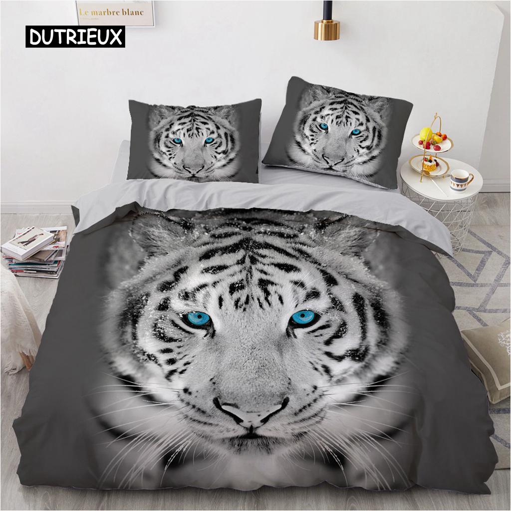Комплект постельного белья 3D, черный пододеяльник, комплект стеганого одеяла, наволочка, размер King Queen, полиэстер с принтом тигра и животных