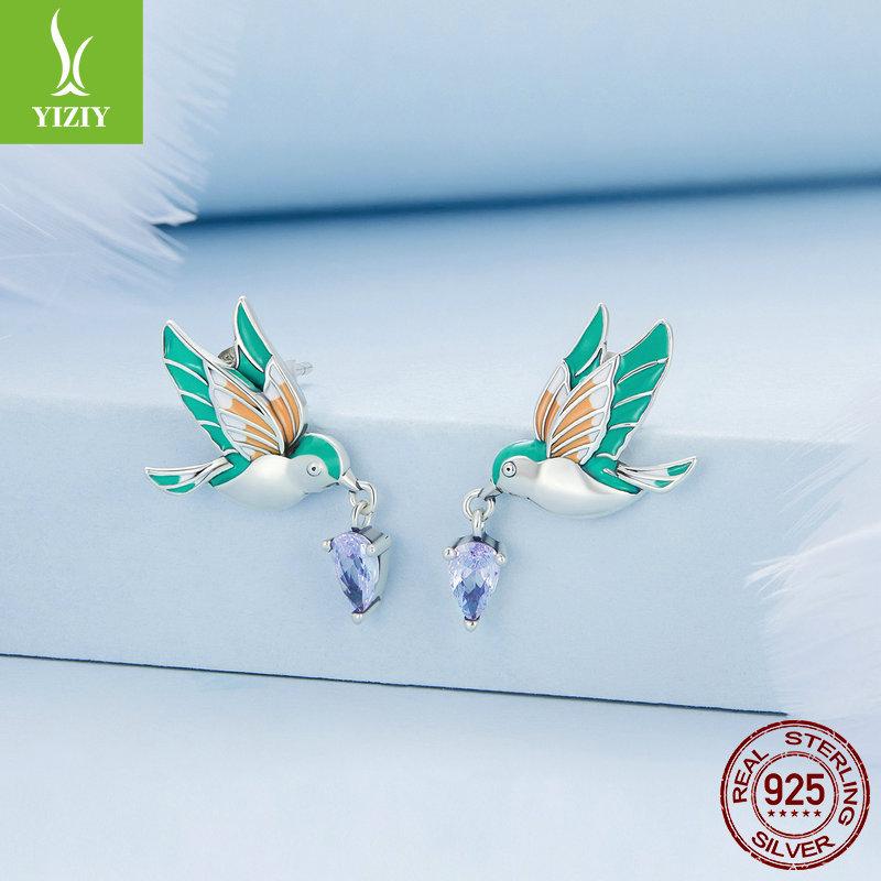Design Drip Craft Kingfisher Stud Earring Set, Colorful Bird S925 Sterling Silver Jewelry