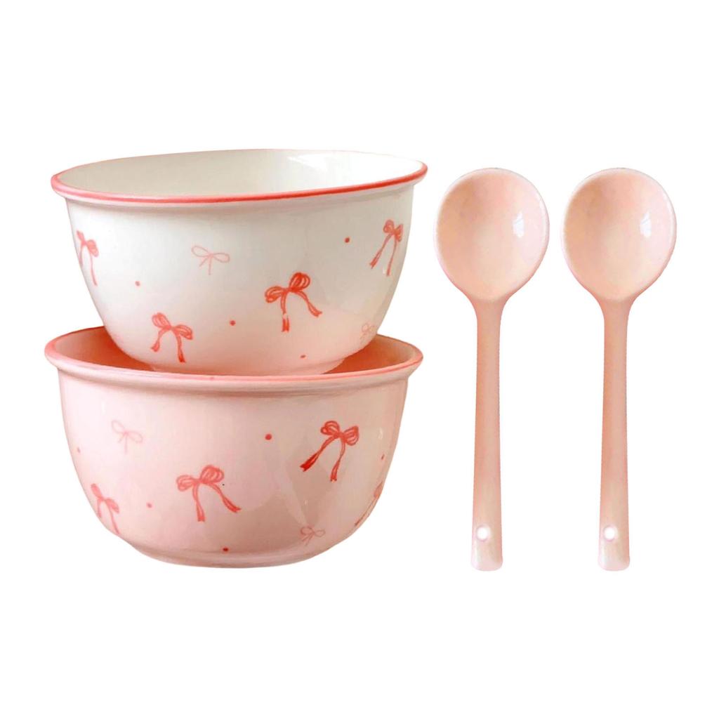 Pink Ceramic Bowl Spoon Set with Unique Underglaze Color Bowknot Pattern Suitable for Ice Cream Soup Rice