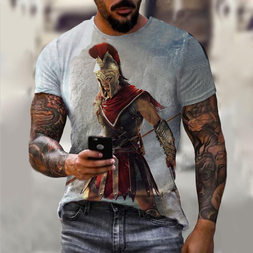 Sparta New Fashion Hero Pattern T-shirt European and American Summer Fashion Short Sleeve Tops Casual Personalized Printed Round Neck Street Wear