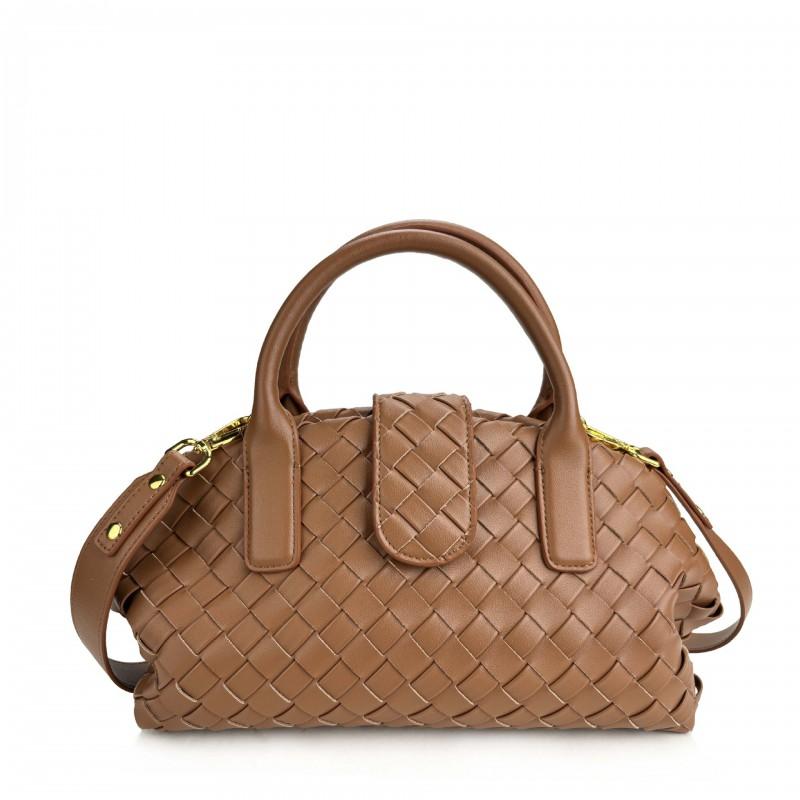 Womens Woven Cloud-Shape Shoulder Bag With Magnet Genuine Leather Boston Style Handbag Medium Size