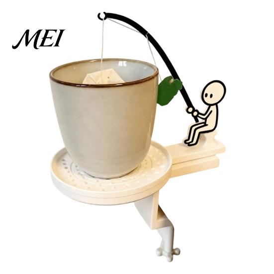 Tea Bag Drip Catcher Fishing Man Holder with Coaster, Cute Stick Figure Minimalist Anti-drip Coaster Holder, Funny Desk Cup Catcher, Novelty Accessory