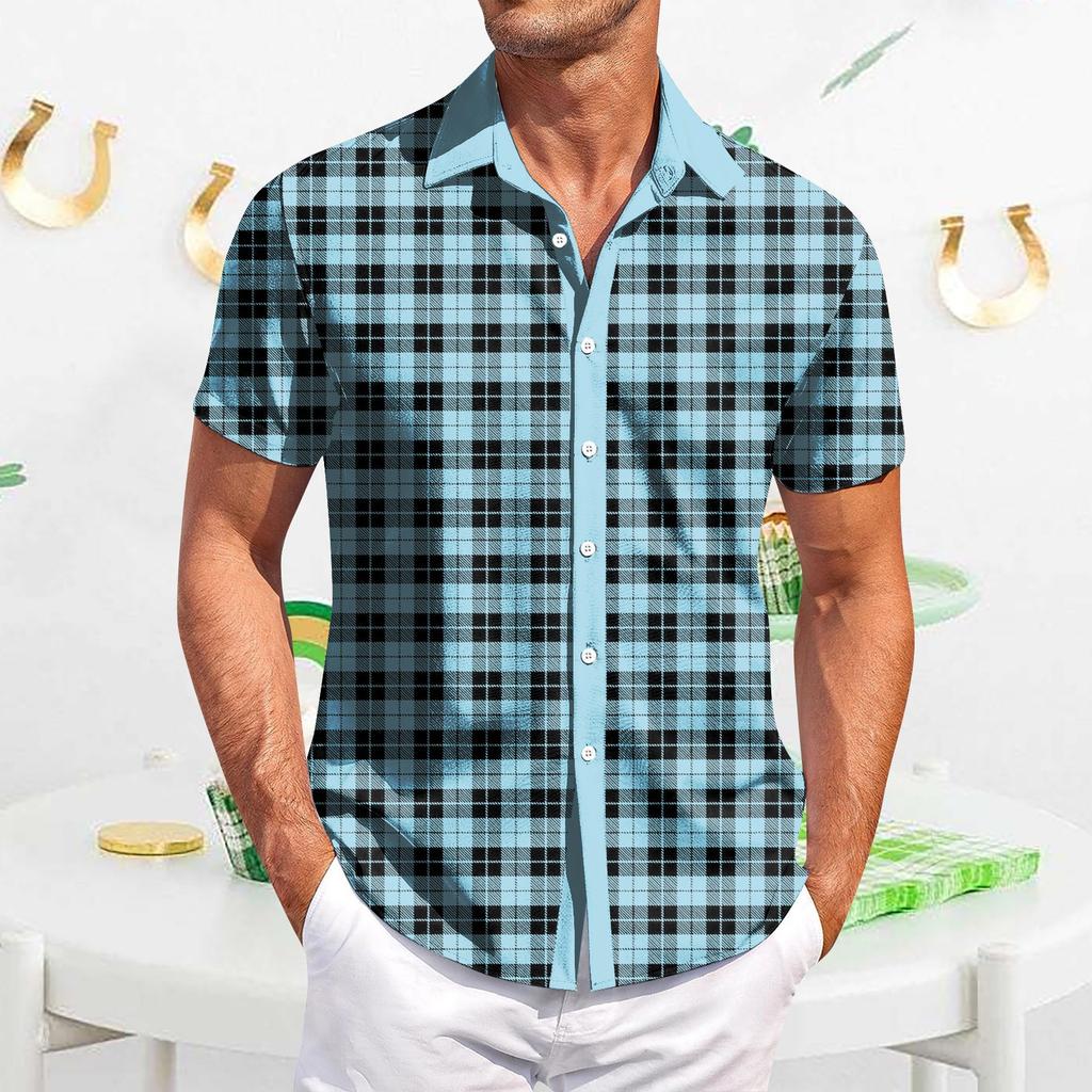 Мужская повседневная рубашка с короткими рукавами, приталенная, модная, с принтом в клетку