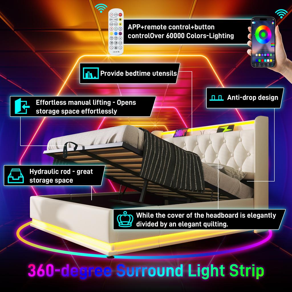 Upholstered Double Bed, 360 LED, Button/App/Remote, 140*190 cm, White PU Hydraulic Storage Bed, Headboard, USB Type-C Charging (Without Mattress)