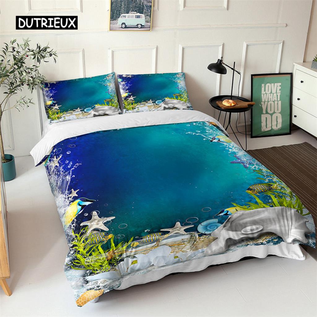 Комплект постельного белья Ocean с изображением синих морских рыб и 3D-принтом для детей. Мягкий полиэстеровый чехол для одеяла Queen King с изображением северного океана
