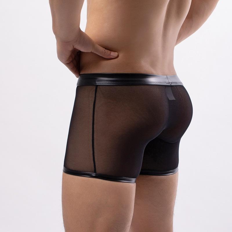 Low Waist Hollow Out Erotic Lingerie Sexy Mens Underwear Man Clothing Patent Leather Red Sheer Mesh Pouch Low Waist Briefs