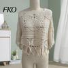 Spring Autumn Layering Top Women Crochet Tops, Round Neck 3/4 Flared Sleeves Cover Up, Hollow Lightweight Knit Blouse Sun Protection